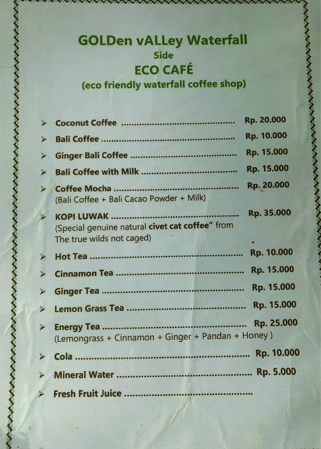 Menu indonésien Eco Café